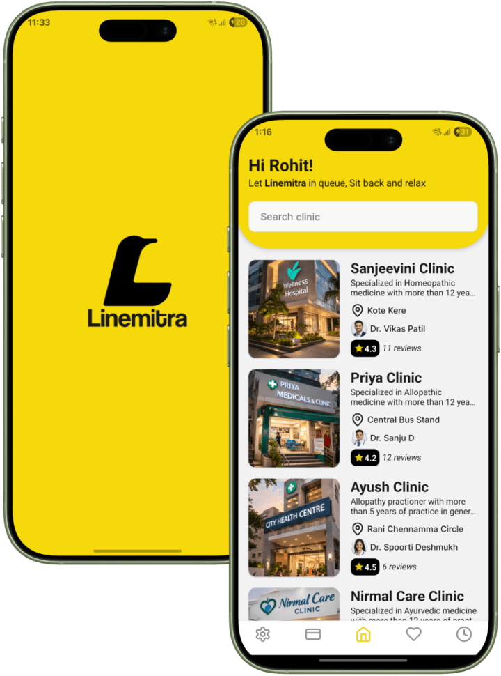 Linemitra app - clinic list screen showing live queue